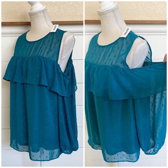 Old Navy Fairycore Glam Glitter Dot Cold Shoulder Blouse Deep Turquoise Blue- M - Picture 5 of 8